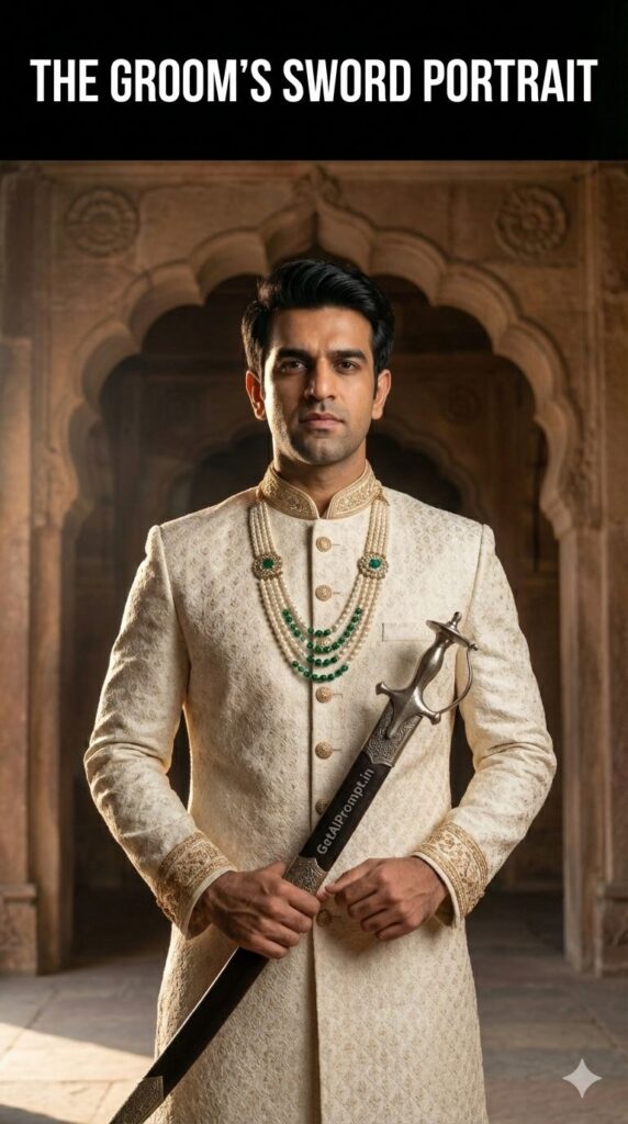 Regal Groom Sword Portrait Indian Wedding AI