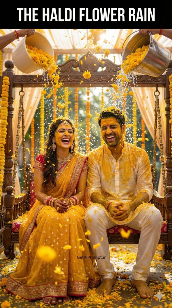 Aesthetic Haldi Flower Rain AI Wedding Photo
