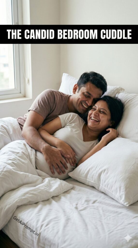 Candid Bedroom Cuddle Maternity Couple AI Portrait