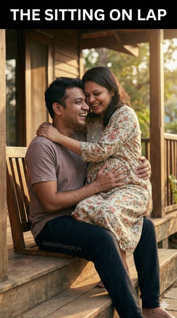 Playful Sitting on Lap Couple Maternity AI Portrait