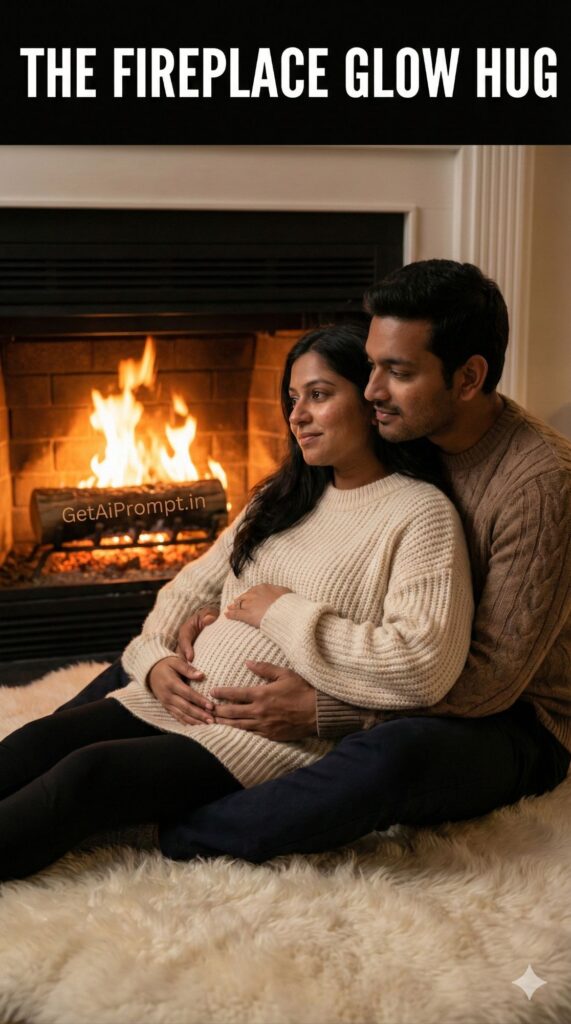 Fireplace Glow Hug Cozy Maternity AI Portrait