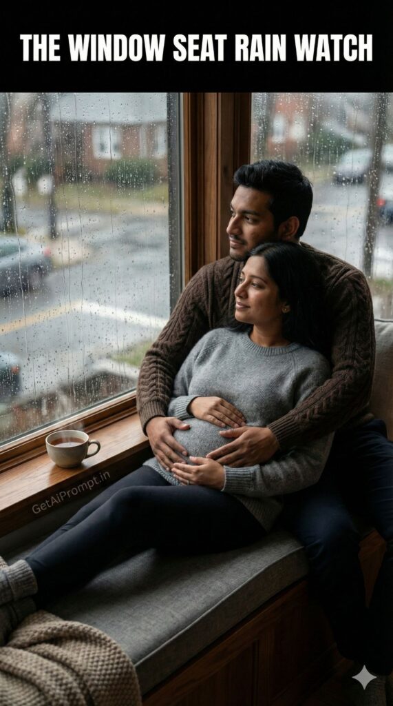 Moody Rain Window Seat Couple Maternity AI Portrait