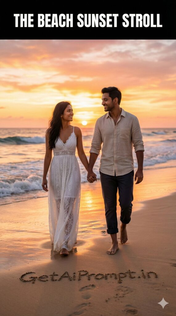 Cinematic Beach Sunset Stroll Couple Maternity AI