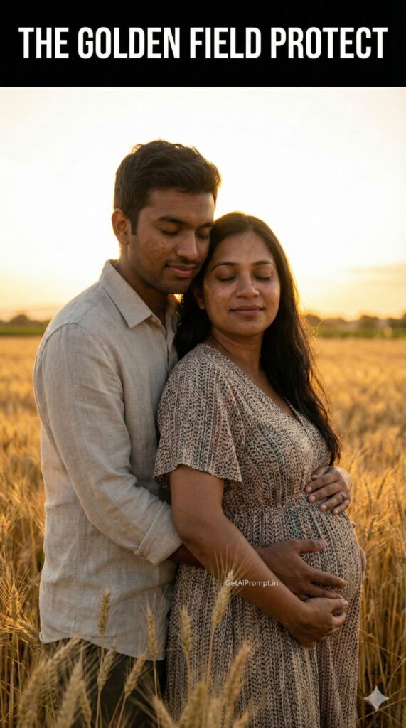 Golden Field Sunset Maternity Couple AI Portrait