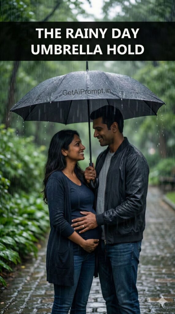 Romantic Rainy Day Umbrella Maternity AI Portrait