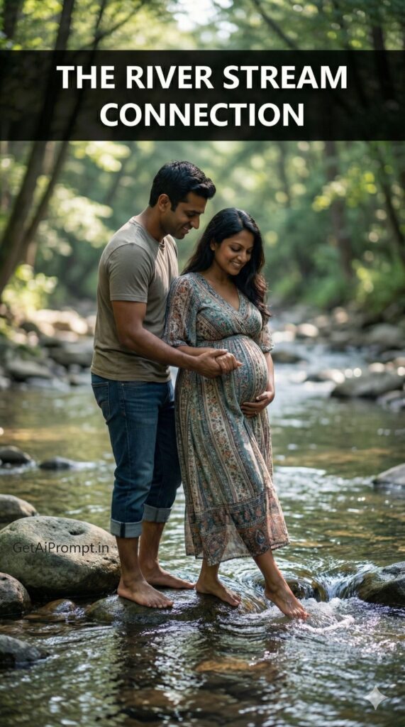 Serene River Stream Maternity Couple AI Portrait