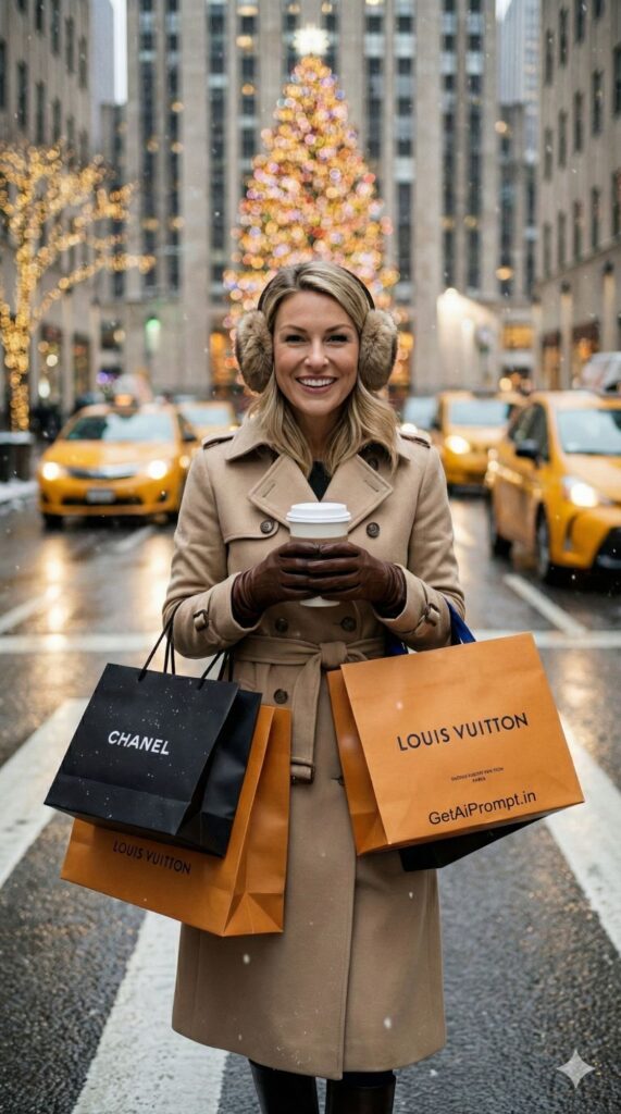 Option 4: The NYC Winter Street Style - Trend: Fifth Ave Luxury | Vibe: City Lights, Shopping Bags, Bokeh, Movie Star