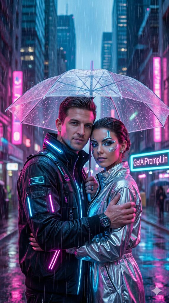 Option 5: The Cyberpunk Neon Love - Trend: Futuristic | Vibe: Blade Runner, Neon, Rain, Edgy