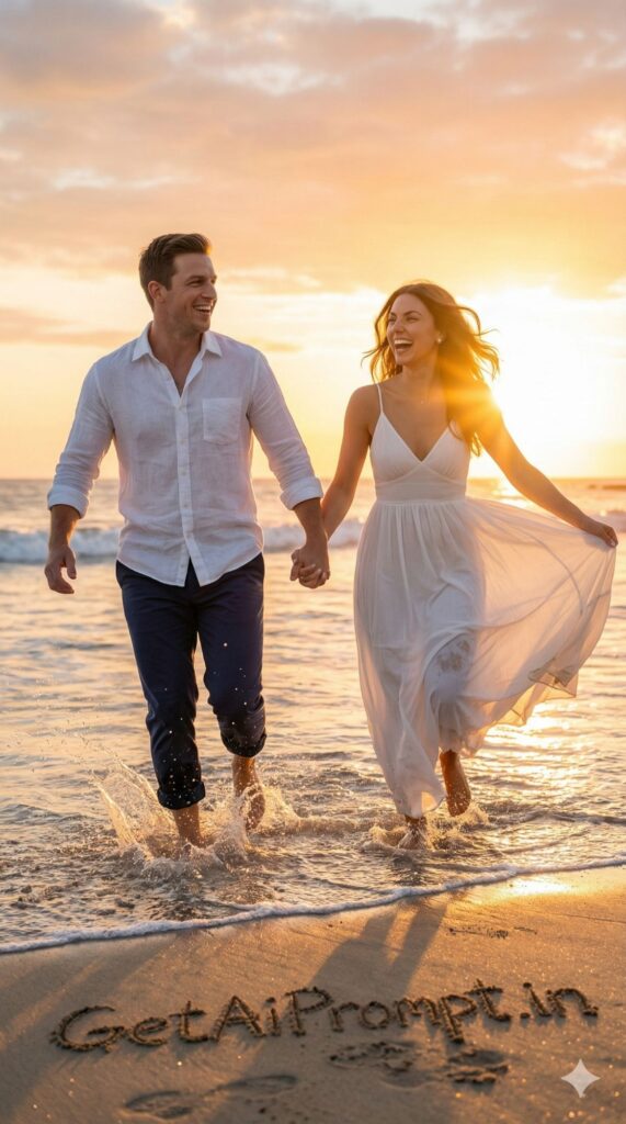 Option 7: The Golden Hour Beach - Trend: Dreamy | Vibe: Sunset, Lens Flare, Joy, Running
