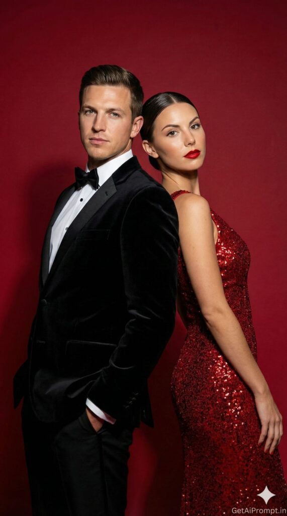 Option 8: The Vogue Editorial - Trend: High Fashion | Vibe: Black Tie, Studio Lighting, Power Couple