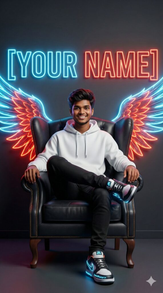 Option 2: The 3D Neon Wings Chair - Trend: Classic Name Art | Vibe: Angel/Devil wings, neon lights, King style