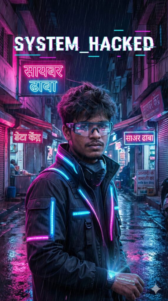 Option 6: The Cyberpunk India - Trend: Future Tech | Vibe: Neon lights, rain, futuristic city, gamer