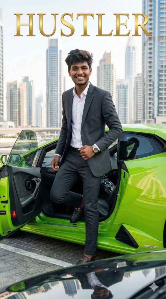 Option 10: The Supercar Millionaire - Trend: Aspirational | Vibe: Dubai lifestyle, luxury suit, Lamborghini