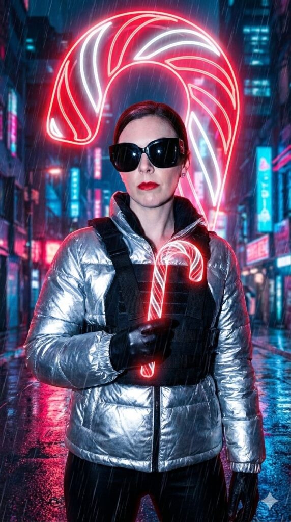 Option 8: The Neon Noir Cyberpunk - Trend: Future Tech | Vibe: Glowing, Rainy Night, Edgy, Holographic