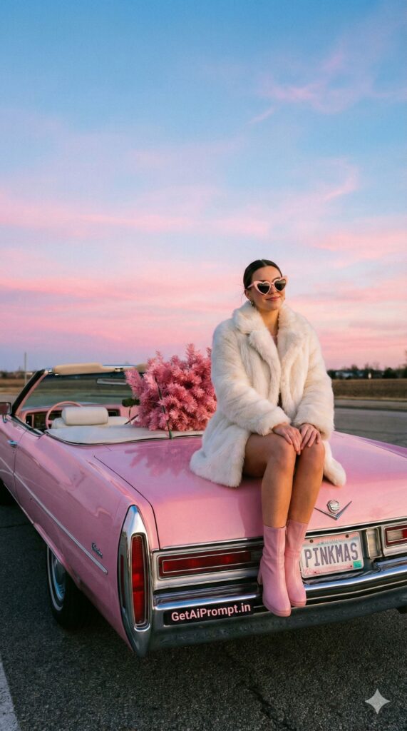 Option 5: The Pink Car Tree Haul - Trend: Barbie Vibes | Vibe: Vintage convertible, bringing the tree home, California Christmas