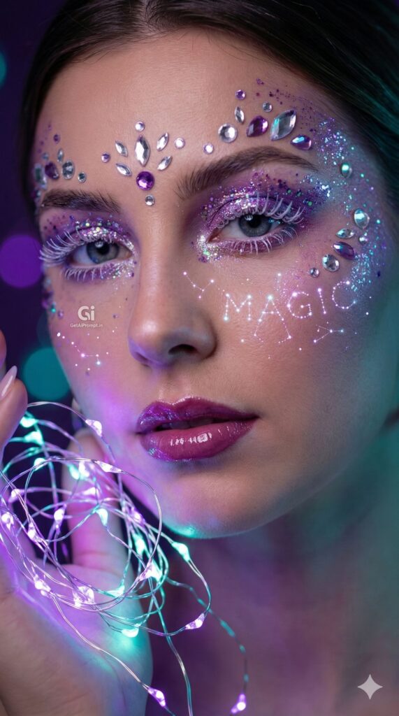 Option 7: The Sugar Plum Fairy Makeup - Trend: Glitter & Magic | Vibe: Extreme close-up, glitter tears, purple/pink hues, ethereal
