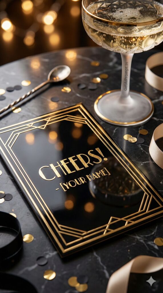 Option 6: The Gatsby Art Deco - Trend: Geometric Glam | Vibe: 1920s party, Great Gatsby, black and gold, sharp lines