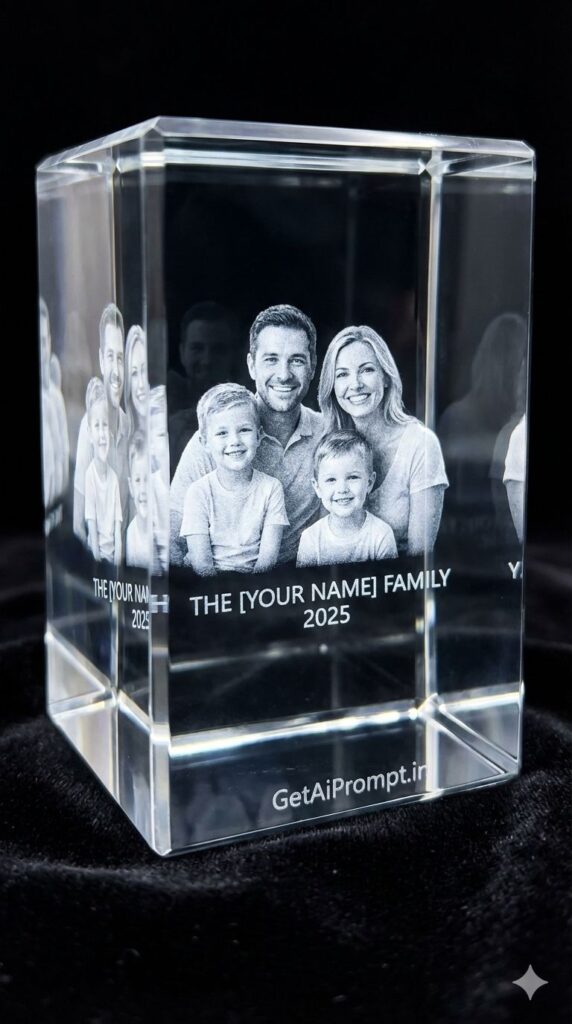 Option 10: The Photo in Crystal - Trend: 3D Depth | Vibe: Las Vegas souvenir style but ultra-luxe, laser etched, depth