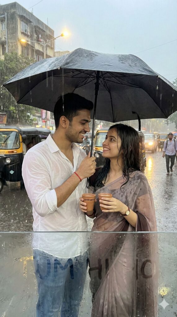 Option 1: The Monsoon Chai - Trend: Bollywood Romance | Vibe: Aashiqui 2 style, rain, shared umbrella, emotional