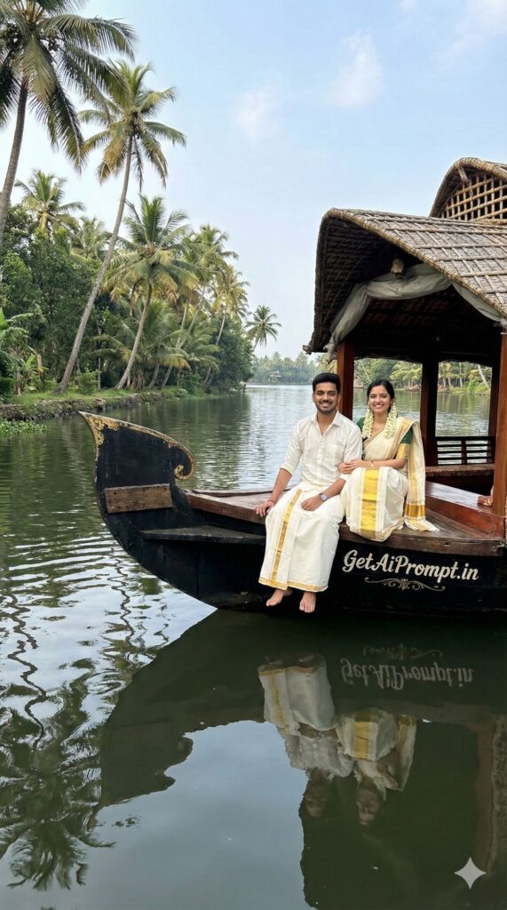 Option 5: The Kerala Backwaters - Trend: Traditional South | Vibe: Houseboat, coconut trees, Kasavu saree, serenity