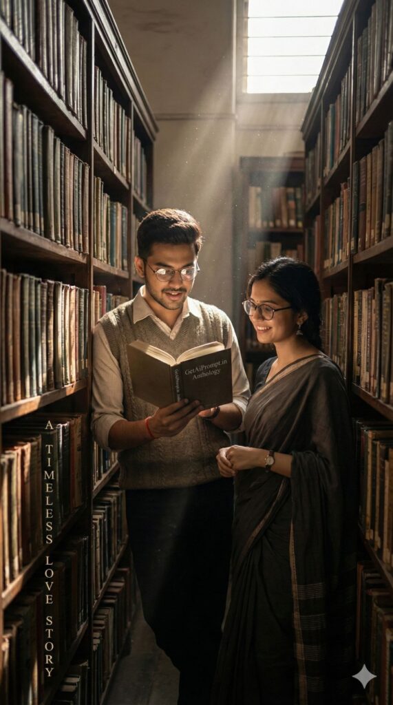 Option 8: The Library Romance - Trend: Intellectual Love | Vibe: Kolkata Coffee House, old books, glasses, silence
