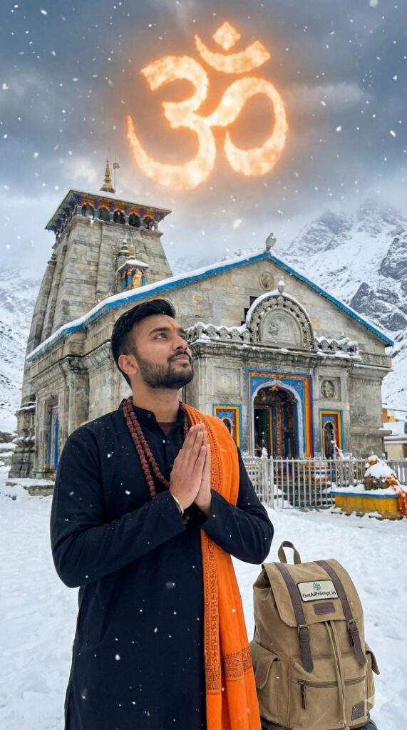 Option 1: The Spiritual Trekker - Trend: Kedarnath Vibe | Vibe: Devotional, mountains, saffron shawl, peace