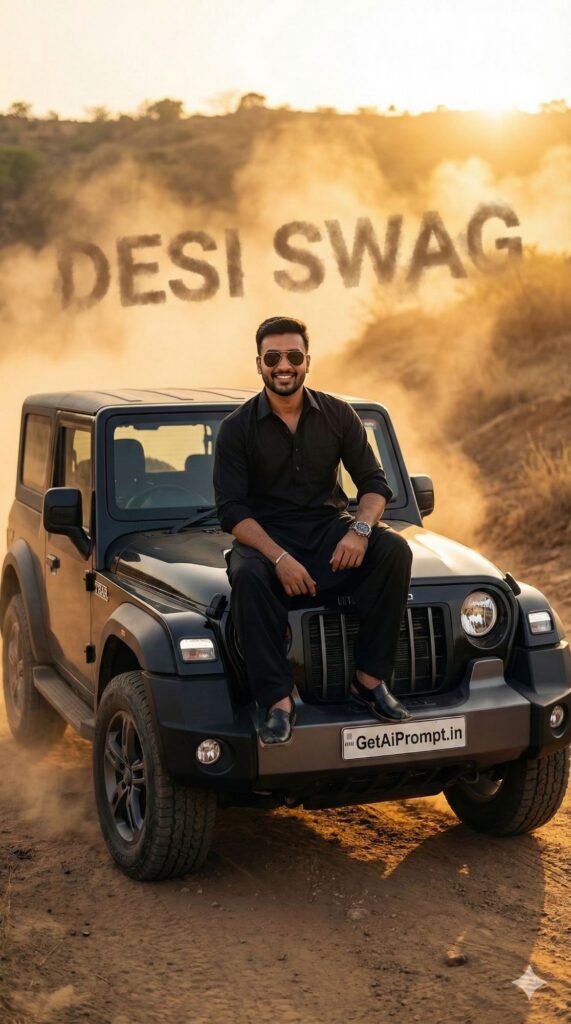 Option 4: The Mahindra Thar Owner - Trend: Desi Swag | Vibe: Rugged, off-road, black SUV, sunglasses, dominance
