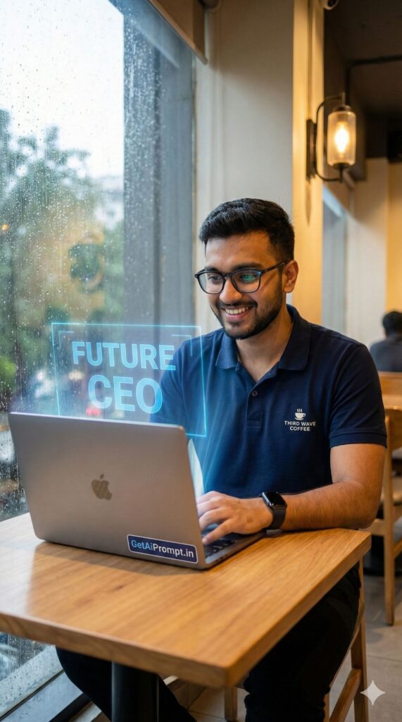 Option 7: The Startup Founder - Trend: Bangalore Cafe | Vibe: MacBook, coffee, smart casual, productive, tech