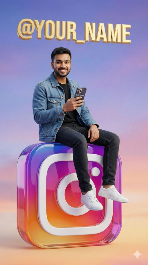 Option 10: The Social Media Star - Trend: Sitting on Logo | Vibe: 3D character style, sitting on Instagram/Snapchat logo