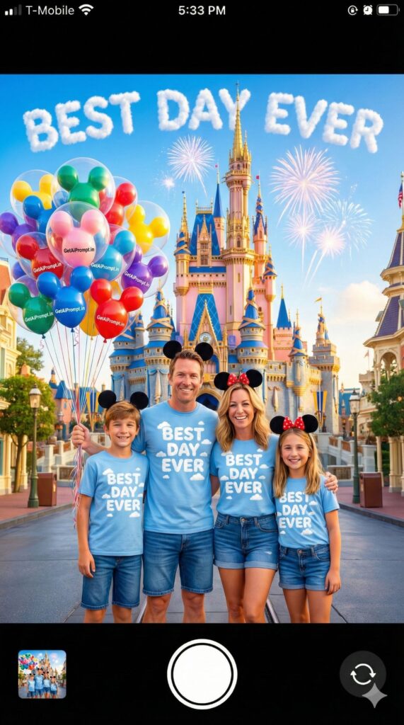 Option 1: The Magic Kingdom Vacation - Trend: Disney Style | Vibe: Fairytale castle, mouse ears, balloons, magical