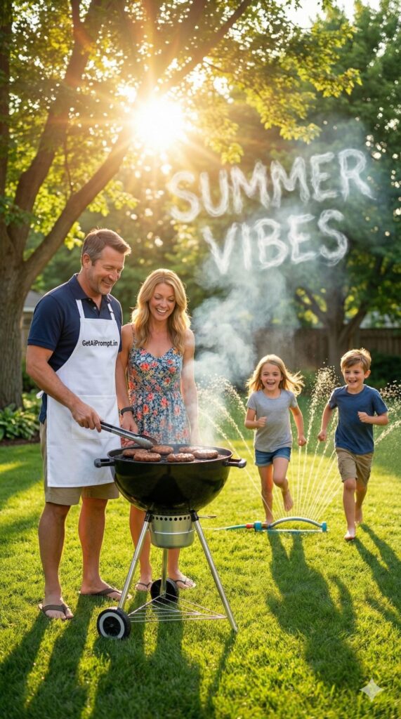 Option 7: The Suburban Backyard BBQ - Trend: Americana | Vibe: White picket fence, green lawn, grill, sprinkler, summer
