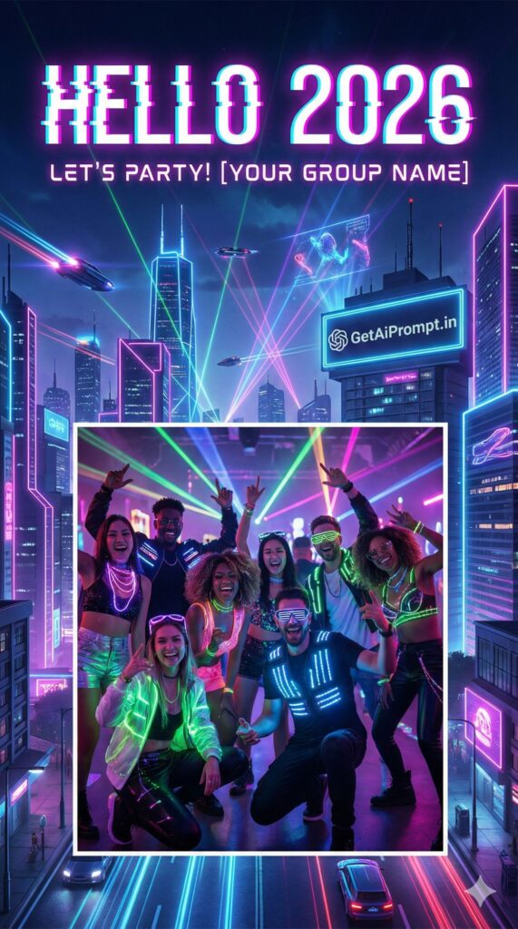 Option 5: The Neon Future - Trend: Cyberpunk/Party | Vibe: Disco, futuristic city, neon colors, high energy