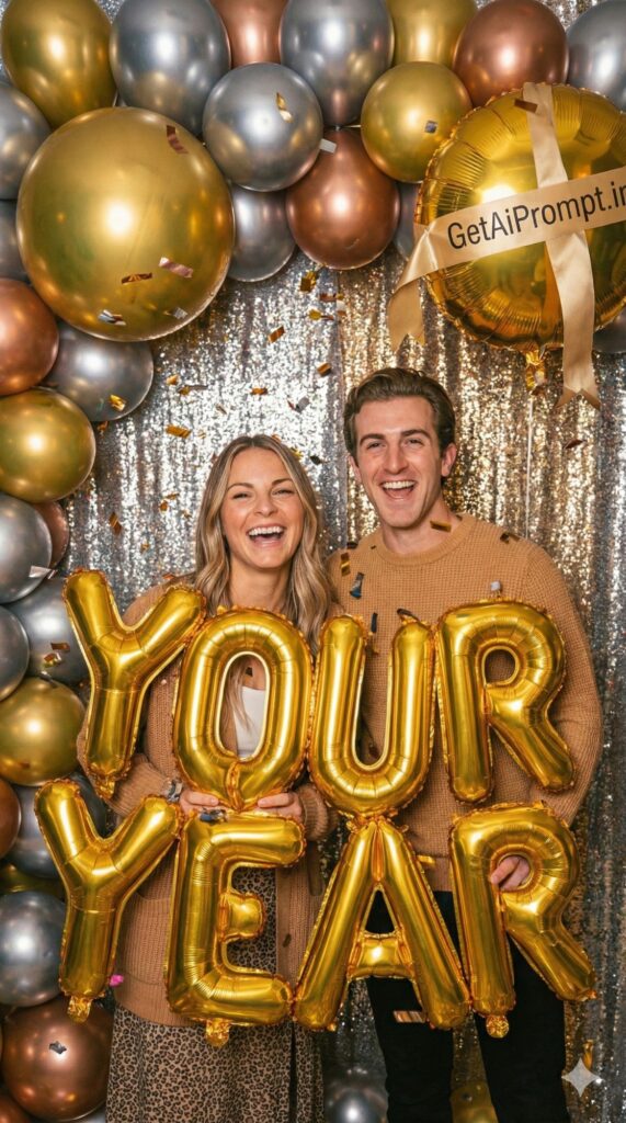 Option 6: The Golden Balloons Party - Trend: Celebration | Vibe: New Year's Eve party, metallic, festive, fun