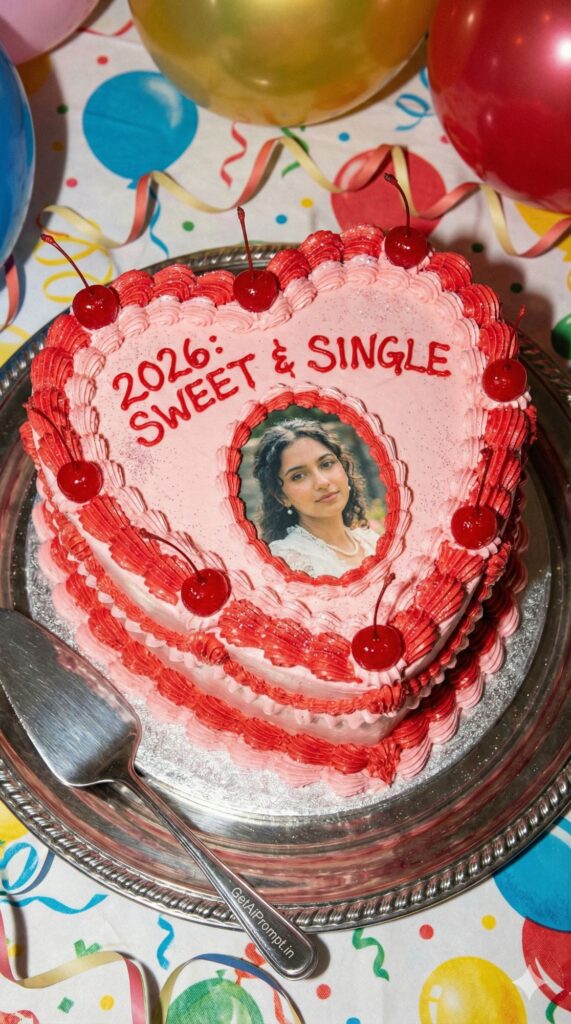 Option 3: The Vintage Heart Cake - Trend: Foodie Aesthetic | Vibe: Lambeth cake piping, cherries, messy cute, flash photography