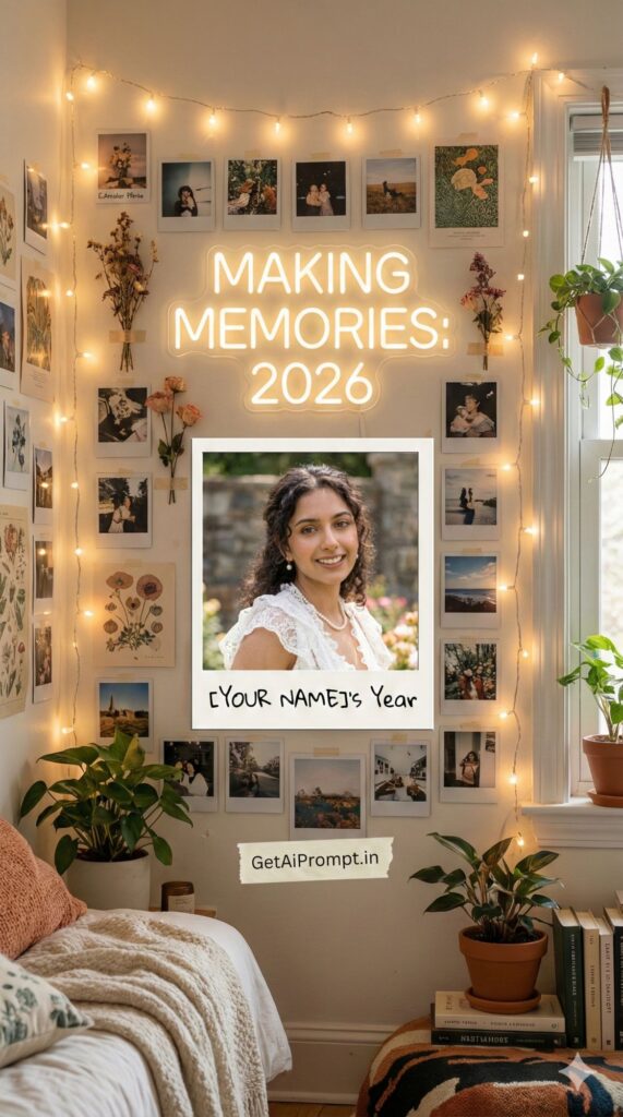 Option 8: The Polaroid Wall - Trend: Memory Keeping | Vibe: Indie, candid, fairy lights, cozy bedroom