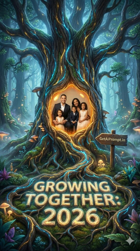 Option 6: The Family Tree - Trend: Nature Carving | Vibe: Avatar, bioluminescent forest, organic, roots, glowing