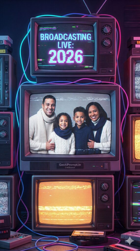 Option 9: The Vintage TV Stack - Trend: Retro Nostalgia | Vibe: 90s nostalgia, CRT screens, static, neon, vaporwave