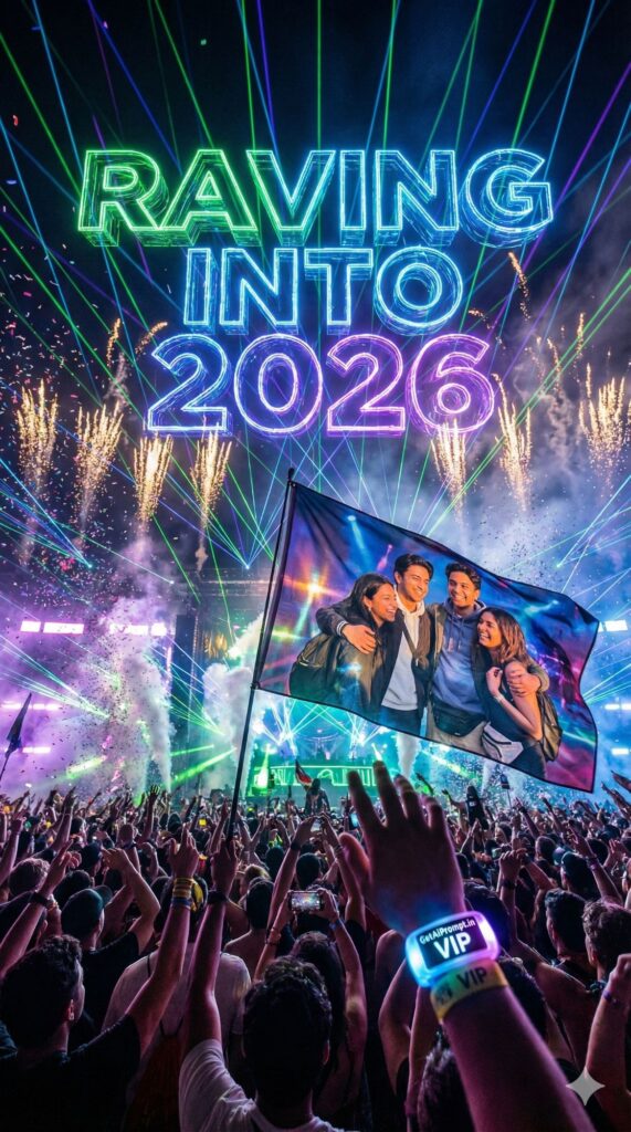 Option 3: The Festival Totem - Trend: Music/Party | Vibe: Coachella, Sunburn, EDM festival, lasers, crowd, energy