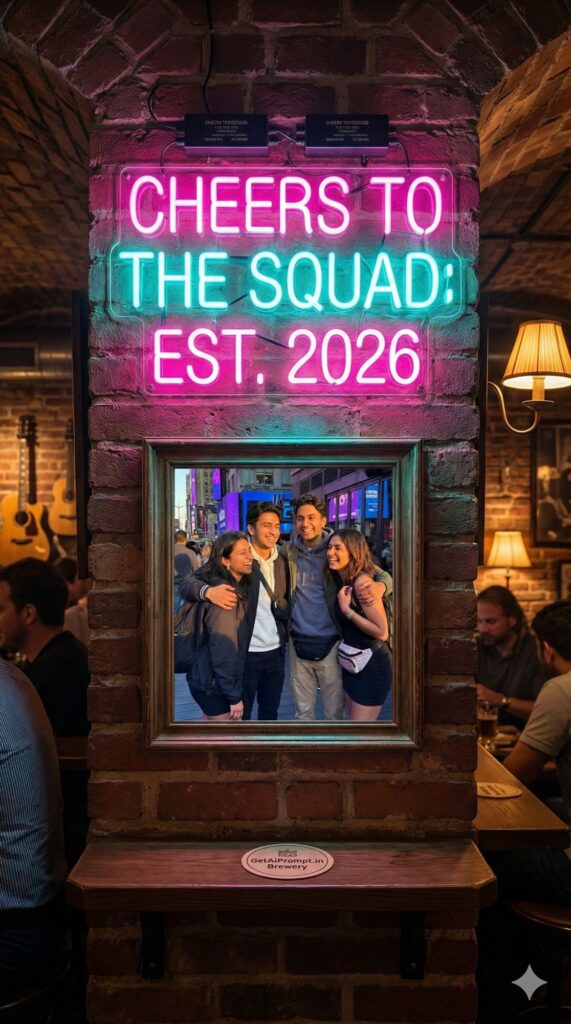 Option 5: The Neon Bar Sign - Trend: Sitcom/Hangout | Vibe: Friends (TV show), brick wall, cozy bar, neon glow, nightlife