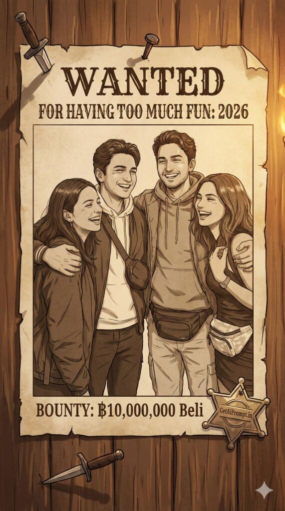 Option 8: The Wanted Poster - Trend: Wild West/Anime | Vibe: One Piece, Cowboy Bebop, rustic, paper texture, fun