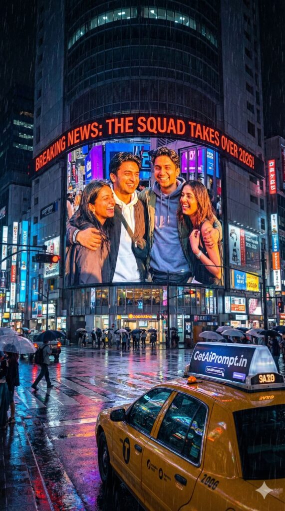 Option 9: The Times Square Billboard - Trend: Big City Dreams | Vibe: NYC, raining at night, reflections, massive scale, impressive