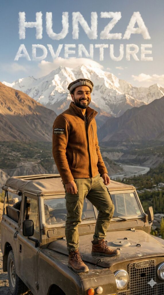 Option 1: The Northern Explorer - Trend: Hunza Vibe | Vibe: Mountains, adventure, rugged, traditional cap (Pakol), jeep