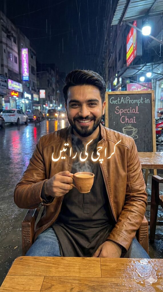 Option 2: The Urban Chaiwala - Trend: Karachi Street Nights | Vibe: City lights, rain, roadside cafe, fusion wear, candid