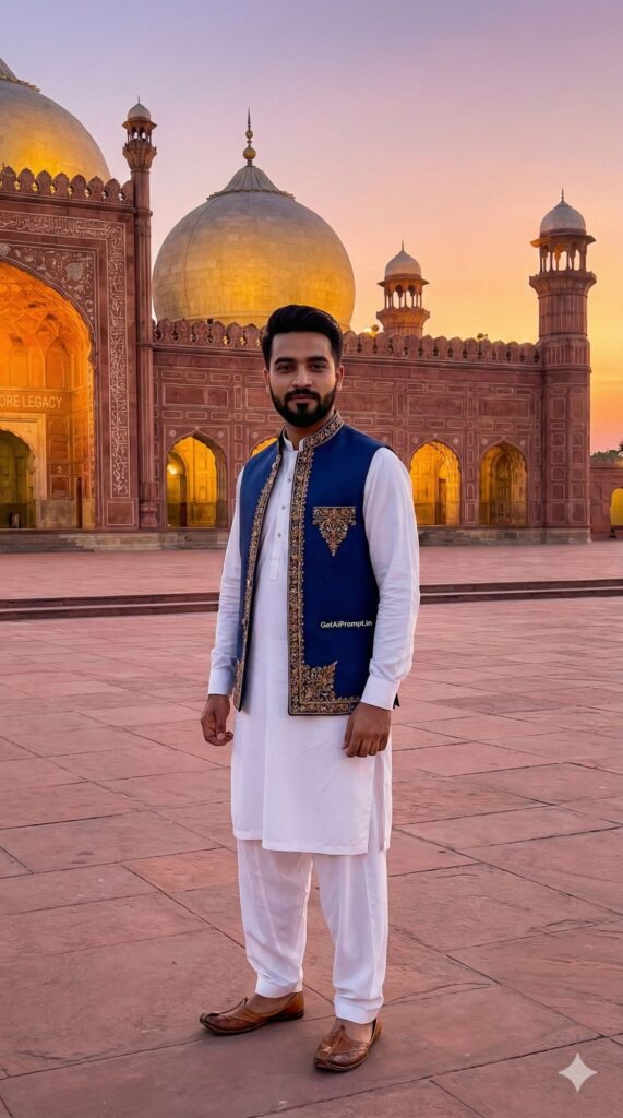 Option 3: The Badshahi Royal - Trend: Heritage & Tradition | Vibe: Lahore Fort, grandeur, traditional attire, waistcoat, golden hour