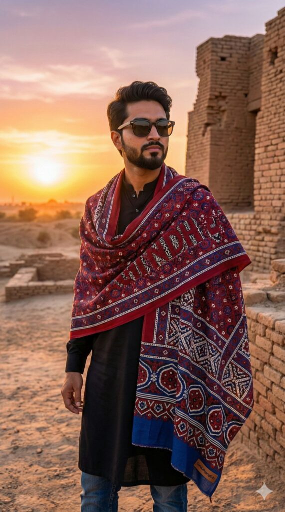 Option 5: The Sindhi Ajrak Swag - Trend: Cultural Pride | Vibe: Desert aesthetic, traditional shawl, sunglasses, modern-trad fusion