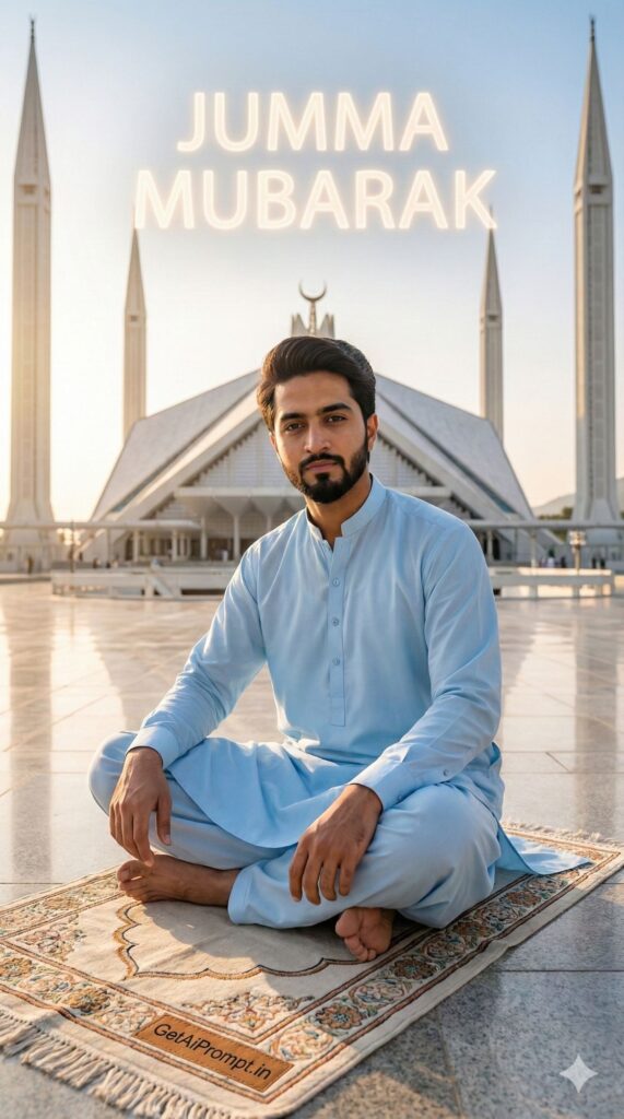 Option 6: The Jumma / Eid Vibes - Trend: Elegant & Pious | Vibe: Faisal Mosque Islamabad, crisp shalwar kameez, prayer mat, serene