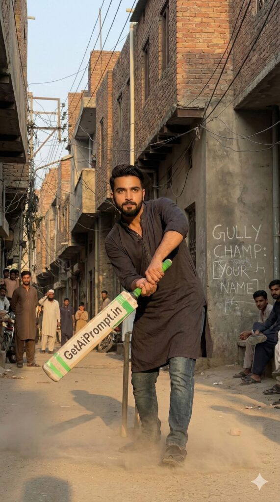 Option 7: The Gully Cricket Captain - Trend: Street Passion | Vibe: Rawalpindi streets, tape ball cricket, dusty sunset, intensity