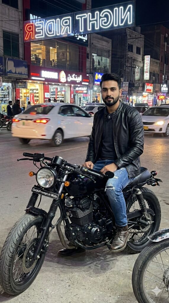 Option 9: The Modern Biker - Trend: Cafe Racer | Vibe: Urban Lahore, heavy bike, leather jacket, night ride