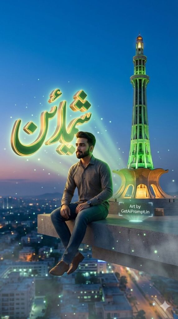 Option 10: The 3D Urdu Name Art - Trend: Viral Trend | Vibe: Futuristic city, glowing text, national monument, stylized