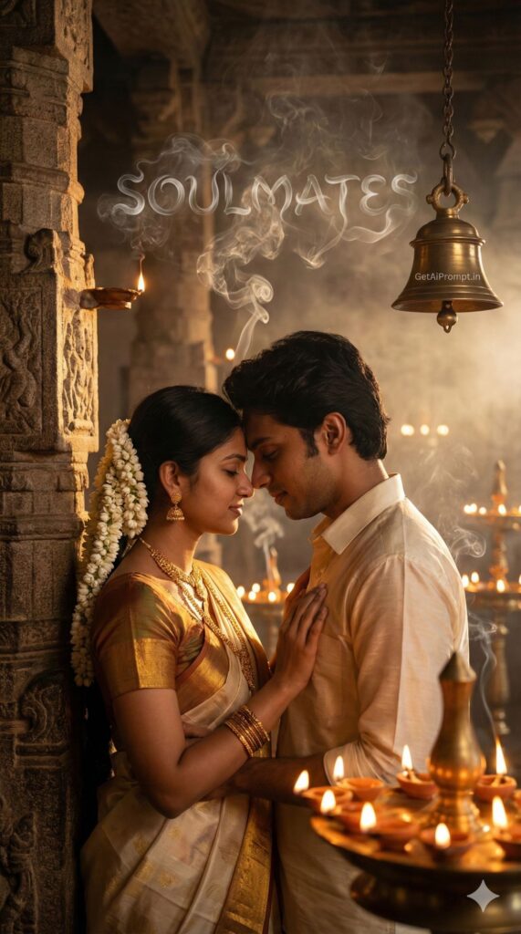 Option 4: The Temple Morning - Trend: Scent of Jasmine | Vibe: South Indian temple, sunrise, oil lamps, jasmine flowers, divine touch